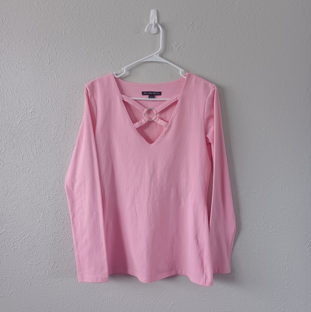 Boston Proper Pink Cut-Out Key Ring Front Long Sleeve Cotton Tee